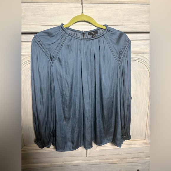 Current Air Slate Blue Ruffle Detail Pleated Satin Blouse Office Stylish Classic - Picture 4 of 11